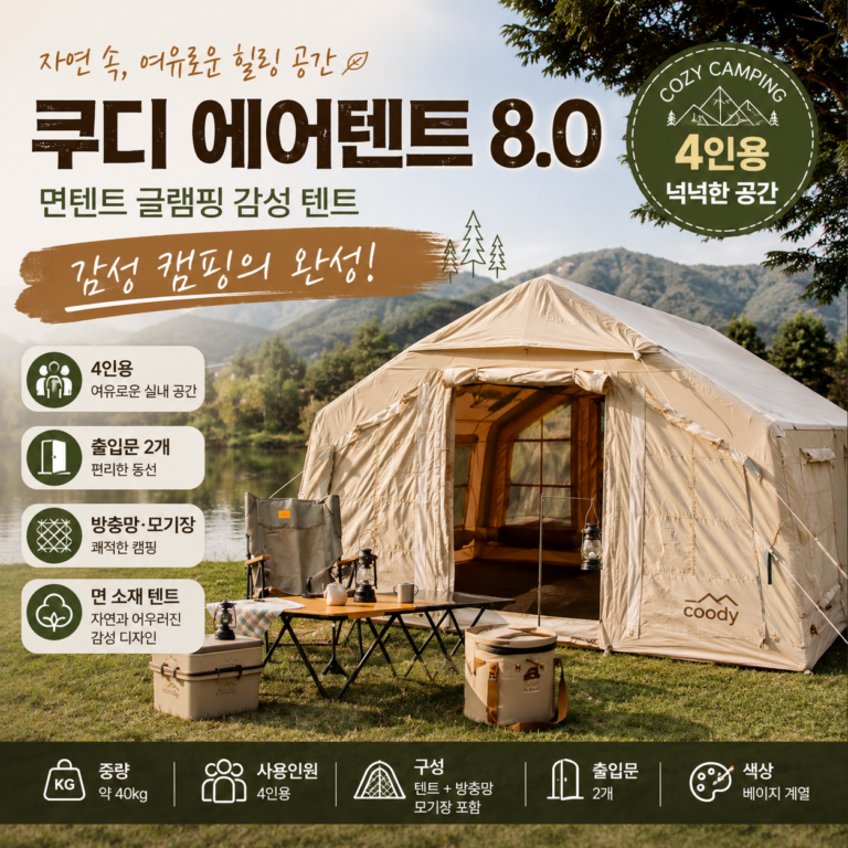 쿠디 에어텐트 면텐트 8.0 글램핑 감성 텐트, 가족 캠핑에 어울리는 넉넉한 공간